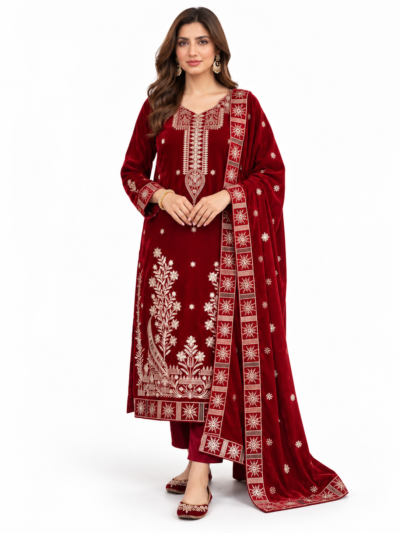 Winter Collection 2027 – Premium Dhanak 3-Piece Suit with Heavy Embroidered Shirt & Dupatta