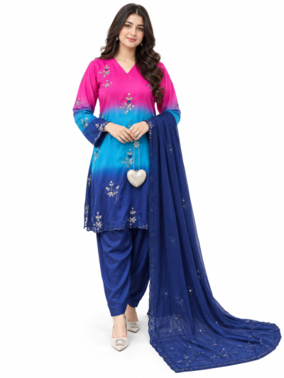 Shamoze Silk 3-Piece Suit – Digital Tie & Dye Print with Pearl, Beads & Adda Work Embroidery
