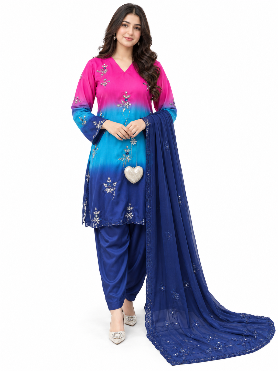 Shamoze Silk 3-Piece Suit – Digital Tie & Dye Print with Pearl, Beads & Adda Work Embroidery