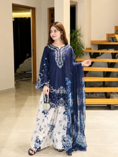 LOOMZIVA Heavy Chikankari Dhanak 3-Piece Suit with Woolen Shawl
