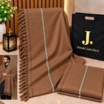 Men's Winter Shawl Pure Suti Woollen Shawl by J• JUNAID JAMSHED | 12 Colours | Premium Bag Packing - Camel Brown
