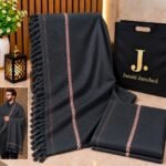 Men's Winter Shawl Pure Suti Woollen Shawl by J• JUNAID JAMSHED | 12 Colours | Premium Bag Packing - Charcoal Black