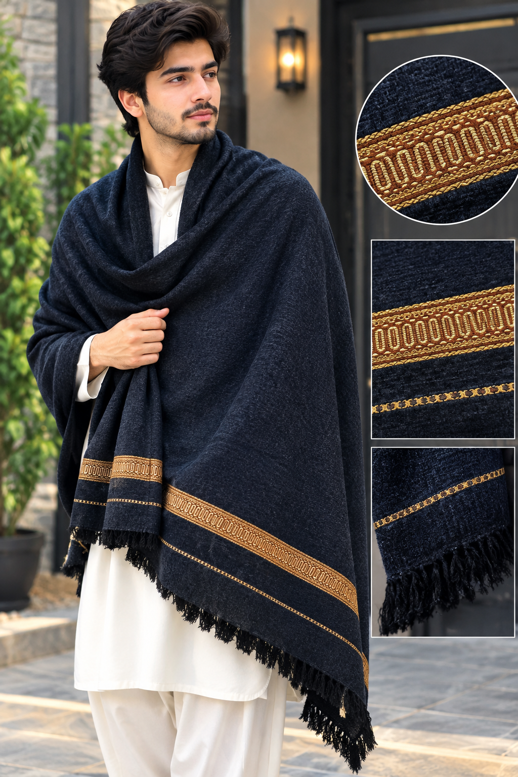 Navy Blue Men’s Shawl with Golden Border | Traditional Pakistani Shawl 1000g - Image 2