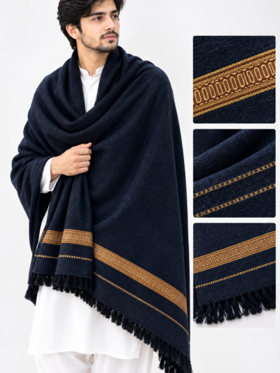 Navy Blue Men’s Shawl with Golden Border | Traditional Pakistani Shawl