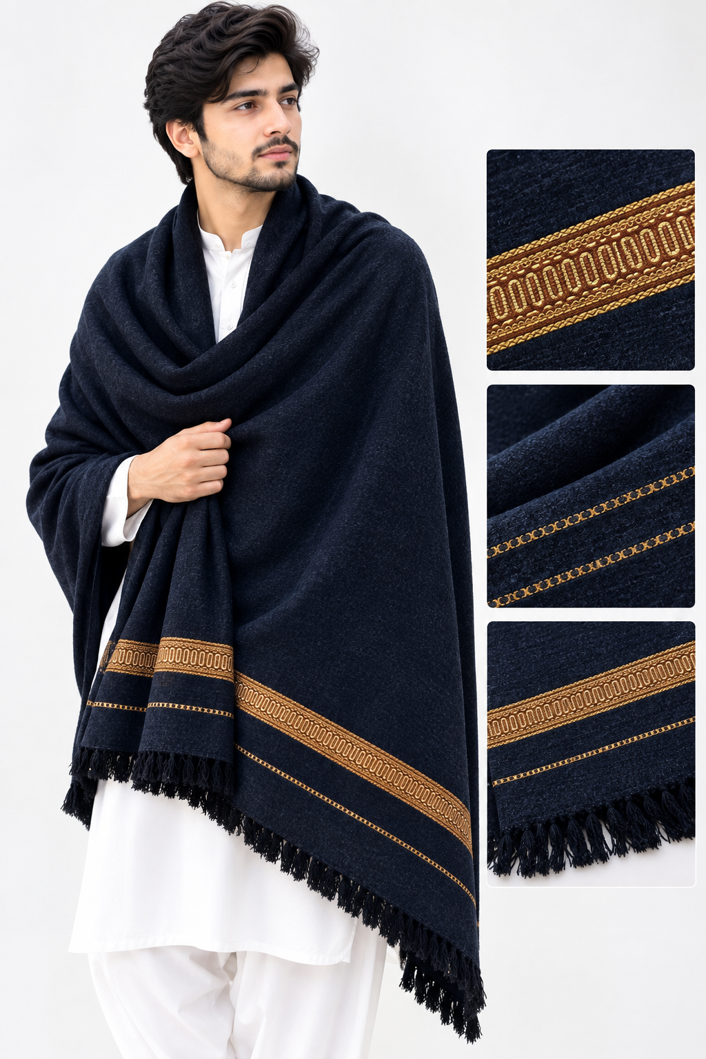 Navy Blue Men’s Shawl with Golden Border | Traditional Pakistani Shawl 1000g