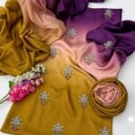 Shamoze Silk 3-Piece Suit – Digital Tie & Dye Print with Pearl, Beads & Adda Work Embroidery - Mustard Gold
