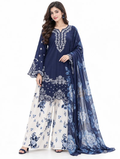 LOOMZIVA Heavy Chikankari Dhanak 3-Piece Suit with Woolen Shawl