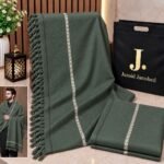 Men's Winter Shawl Pure Suti Woollen Shawl by J• JUNAID JAMSHED | 12 Colours | Premium Bag Packing - Olive Green