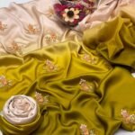 Shamoze Silk 3-Piece Suit – Digital Tie & Dye Print with Pearl, Beads & Adda Work Embroidery - Olive Mustard