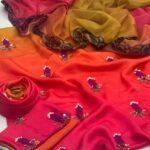 Shamoze Silk 3-Piece Suit – Digital Tie & Dye Print with Pearl, Beads & Adda Work Embroidery - Raspberry Pin
