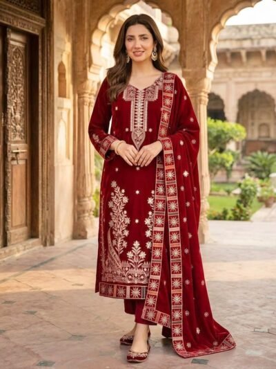 Winter Collection 2027 – Premium Dhanak 3-Piece Suit with Heavy Embroidered Shirt & Dupatta