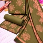 LOOMZIVA Imported Marina 3-Piece Suit with Fancy Wool Shawl - Olive Green