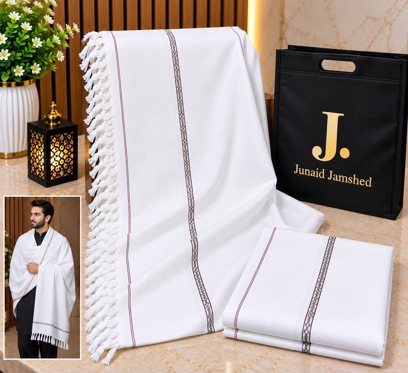 Men's Winter Shawl Pure Suti Woollen Shawl by J• JUNAID JAMSHED | 12 Colours | Premium Bag Packing