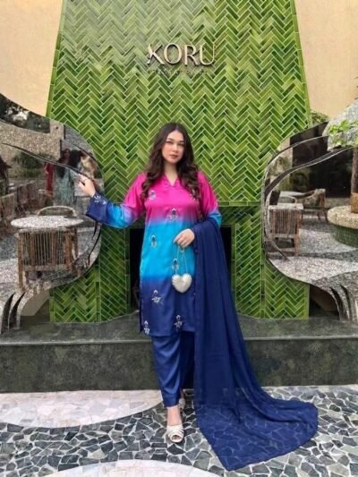 Shamoze Silk 3-Piece Suit – Digital Tie & Dye Print with Pearl, Beads & Adda Work Embroidery
